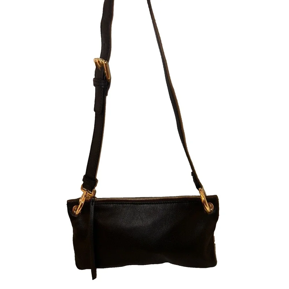 Margot Black Pebbled Leather Crossbody Bag Gold Hardware Adjustable Strap Slim